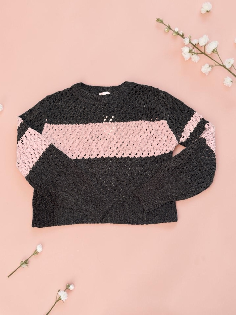 Girls Gray & Pink Striped Knit Sweater (7) Franki